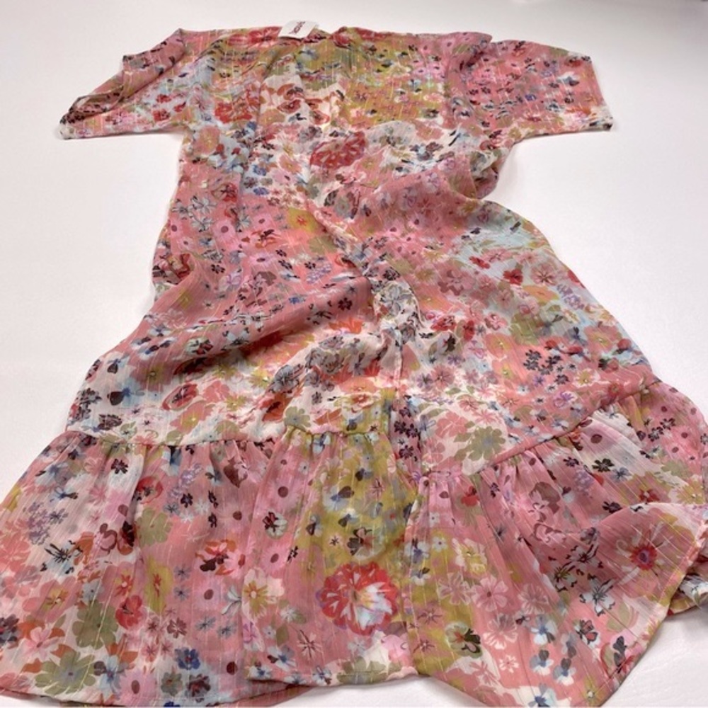 NEW Bindya Adorable Pink Floral Sheer Kimono Ruffled Hem One Size